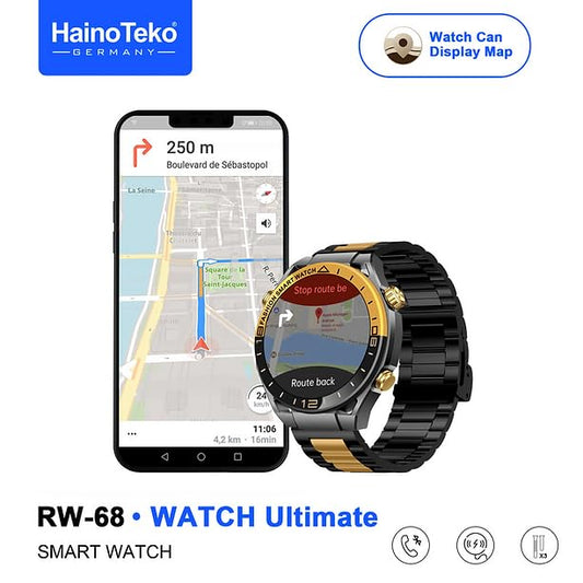 Haino Teko RW-68 WATCH Ultimate Smart Watch with AMOLED Display Bluetooth Calling GPS Map Display and 3 Pair Straps Black