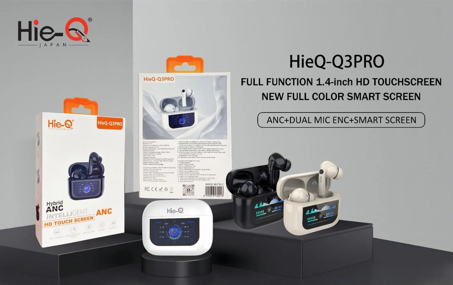 HIE-Q Q3 PRO Wireless Earbuds | 1.4 Inch HD Touchscreen | New Full-Color Smart Screen | ANC + Dual Mic | ENC | 1-Year Warranty